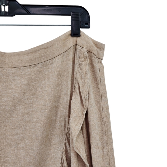 Madewell Women's Tan Linen Blend Ruffled Asymmetrical Hem Midi Faux Wrap Skirt - Picture 2 of 8
